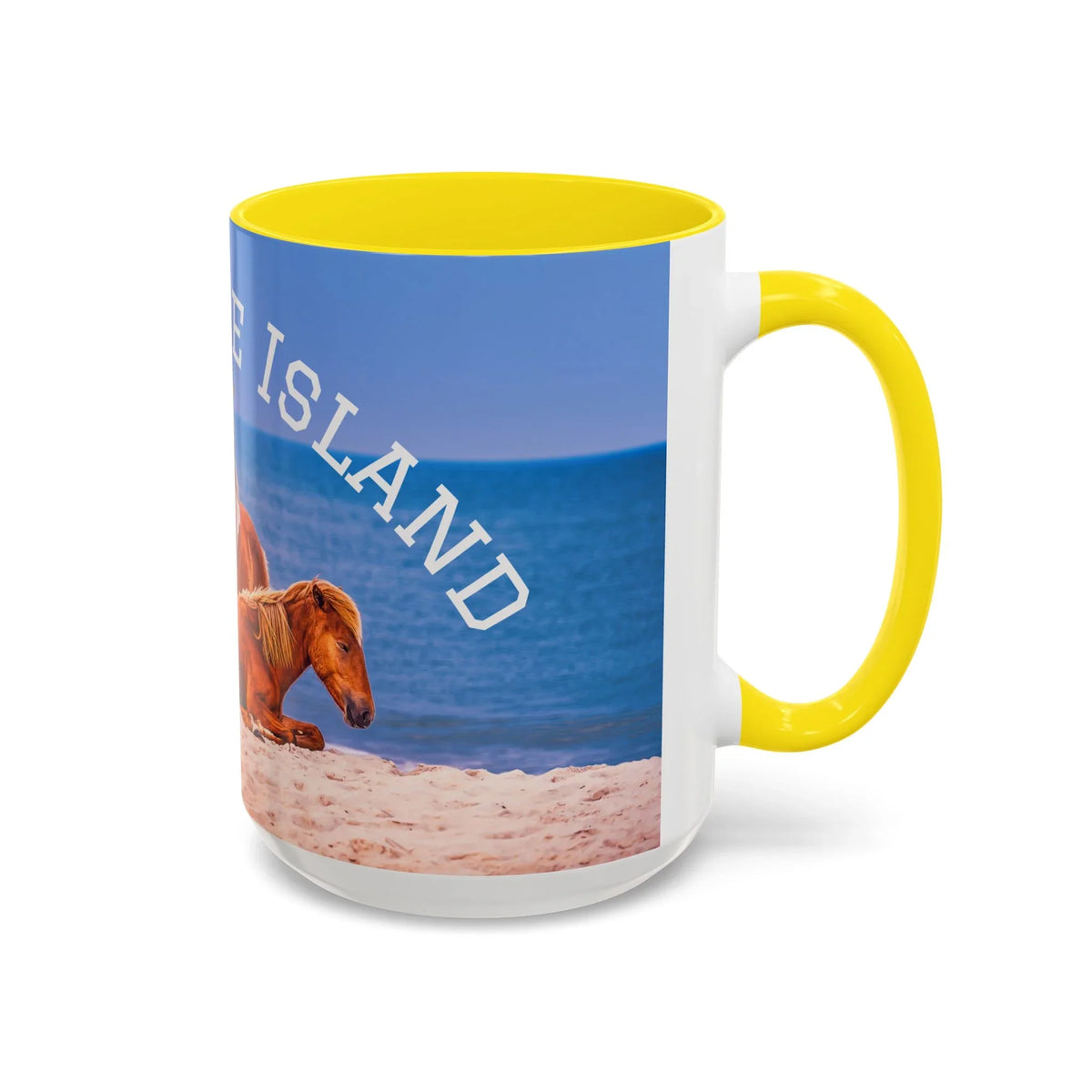 Ceramic coffee mug with wild horse beach photography and yellow handle by Jeff H Travels
