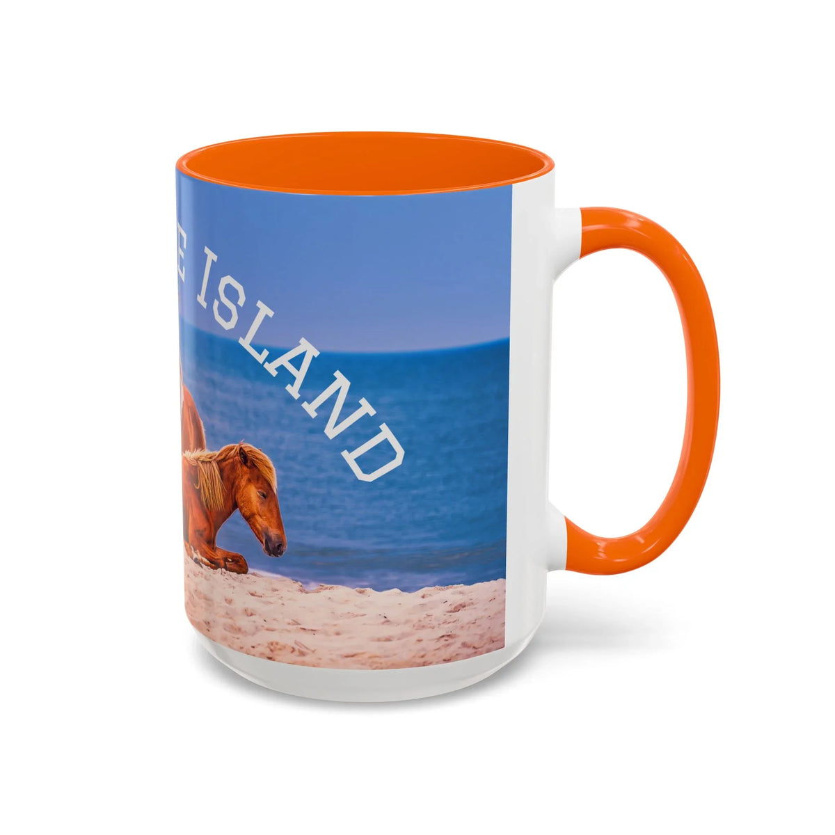 Ceramic coffee mug with wild horse beach photography and orange handle by Jeff H Travels