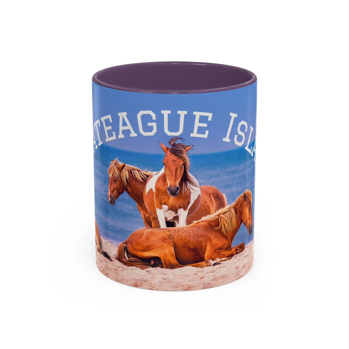 Ceramic coffee mug featuring wild horses on a beach at Assateague Island.
