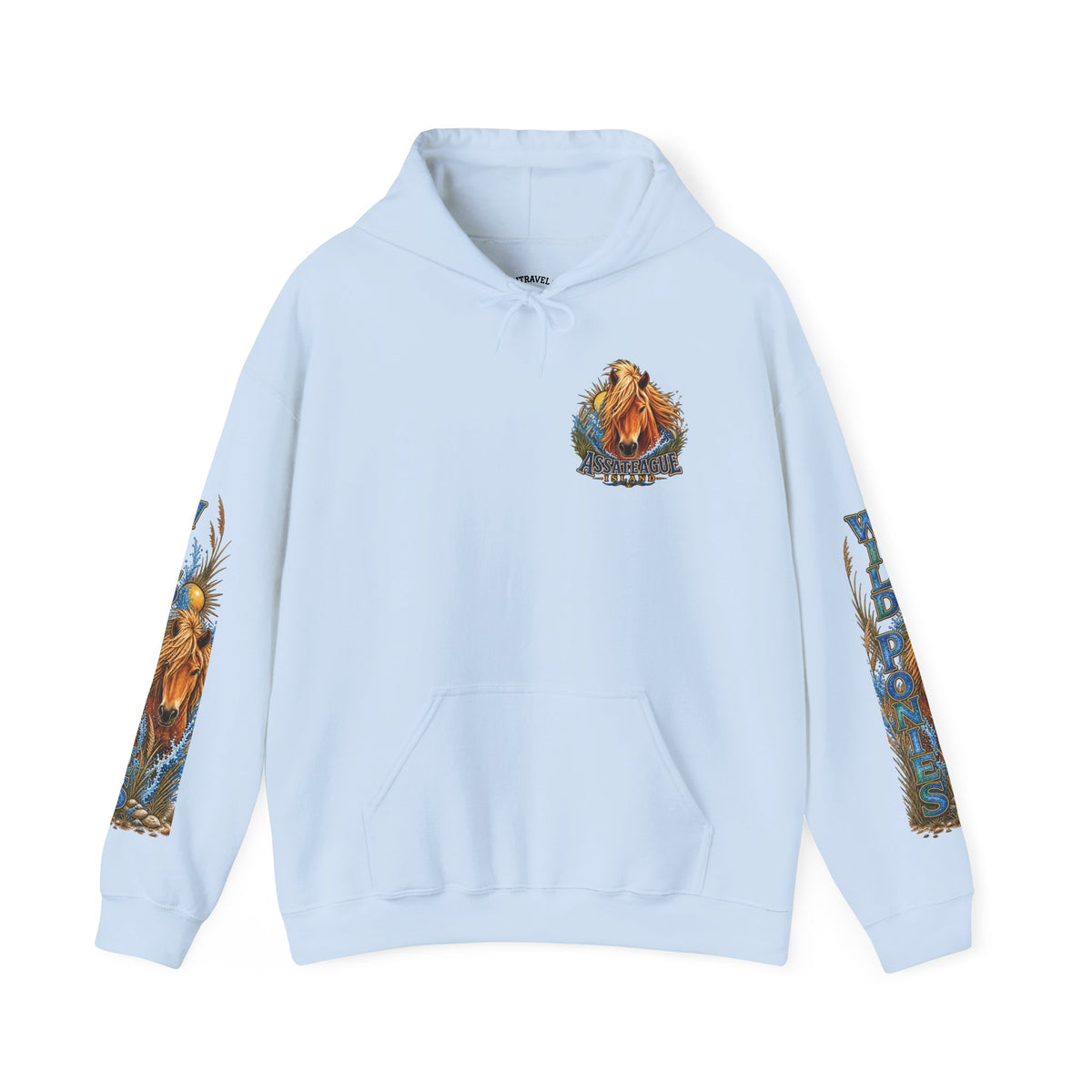 Light blue Jeff H Travels hoodie with Assateague Island wild pony graphics on chest and sleeves