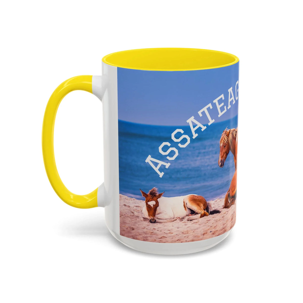 Ceramic coffee mug featuring Assateague wild horses on a beach with a yellow handle and interior.