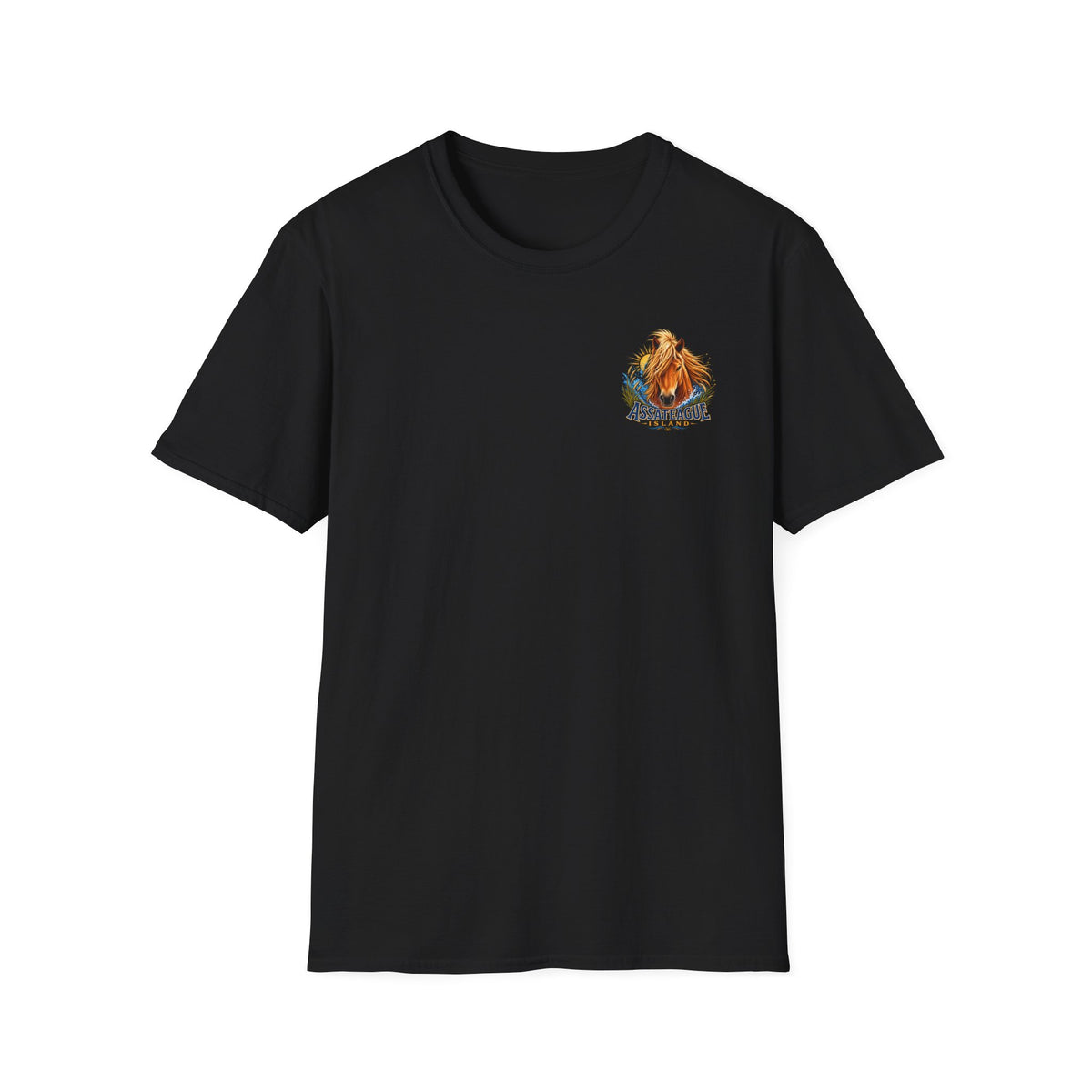 Black Jeff H Travels t-shirt featuring a colorful wild pony graphic and Assateague Island text.