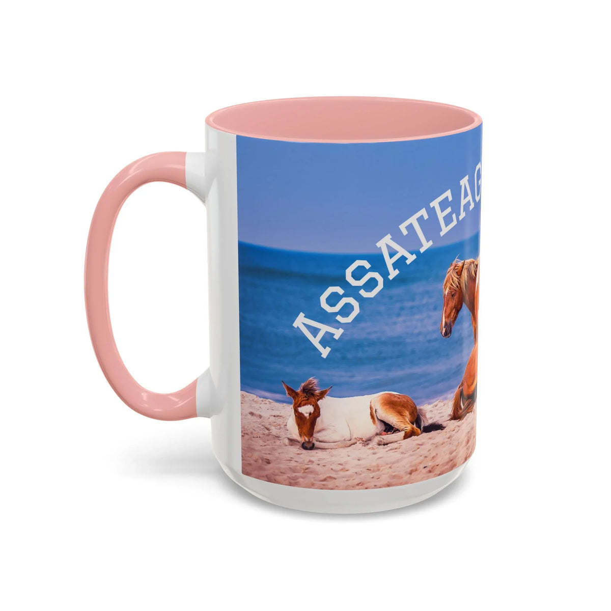 Ceramic coffee mug featuring Assateague wild horses on a sunny beach by Jeff H Travels