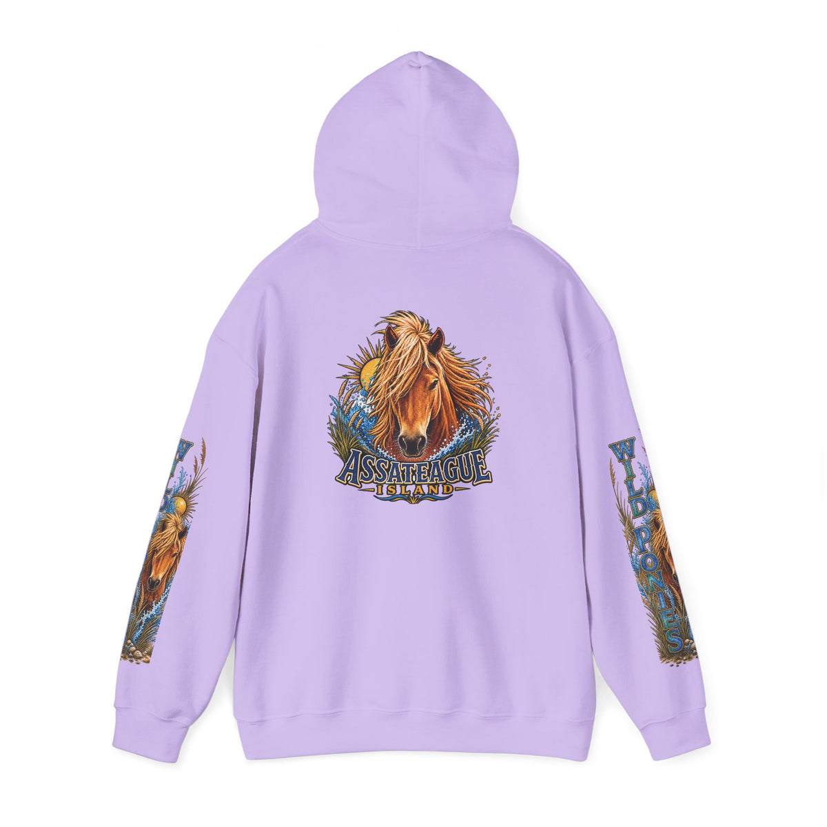 Back view of a lilac Jeff H Travels hoodie featuring an Assateague Island wild pony graphic.
