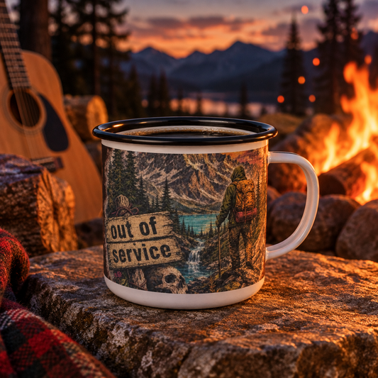 Out of Service Enamel Camp Cup — Vintage Hiker Mountain Mug