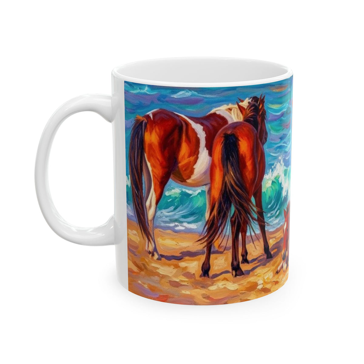 Beach Horses Ceramic Mug — Colorful Wild Pony Ocean Art (11oz, 15oz)