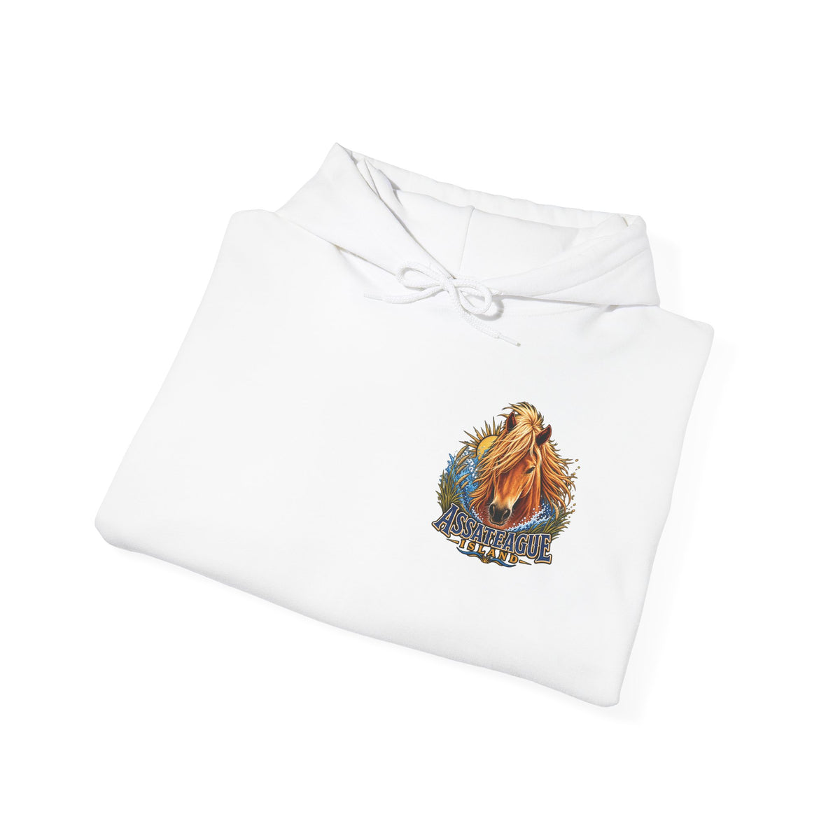White Jeff H Travels hoodie featuring a graphic of an Assateague Island wild pony.