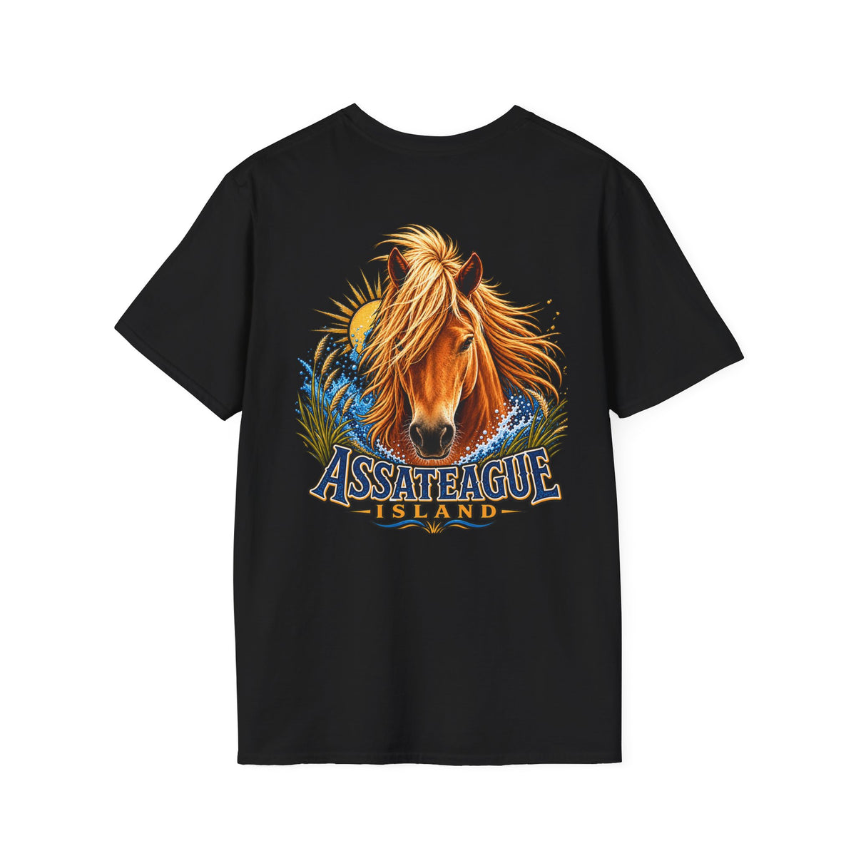 Black t-shirt featuring a cinematic graphic of a wild Assateague Island pony with ocean waves.