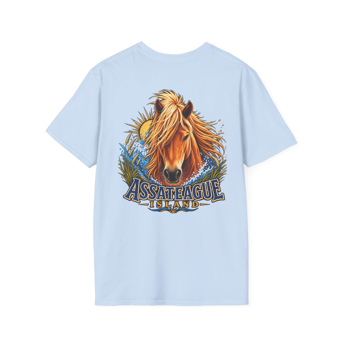 Light blue t-shirt featuring a graphic of a brown wild horse and Assateague Island text.