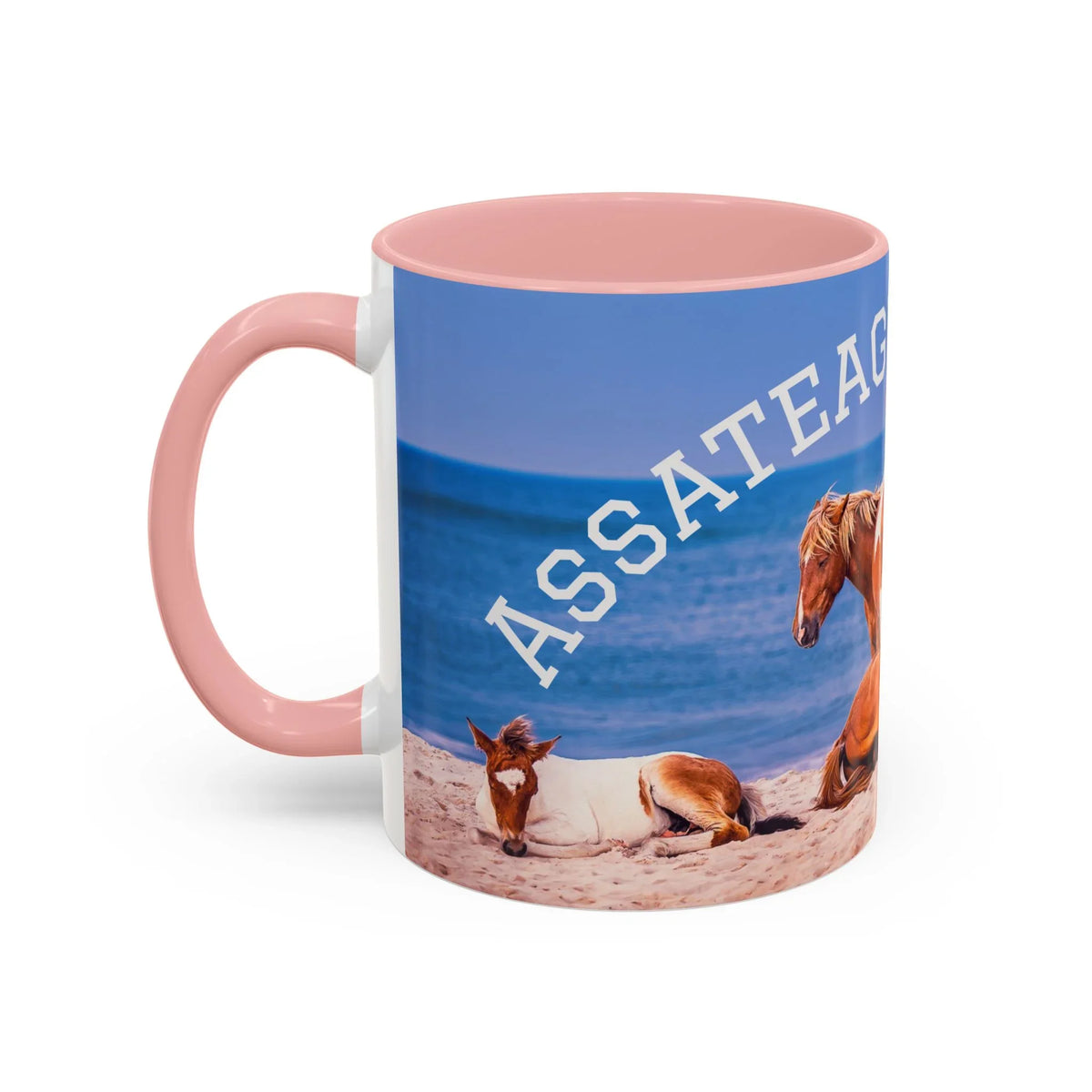 Jeff H Travels ceramic mug featuring Assateague wild horses on a sunny beach.