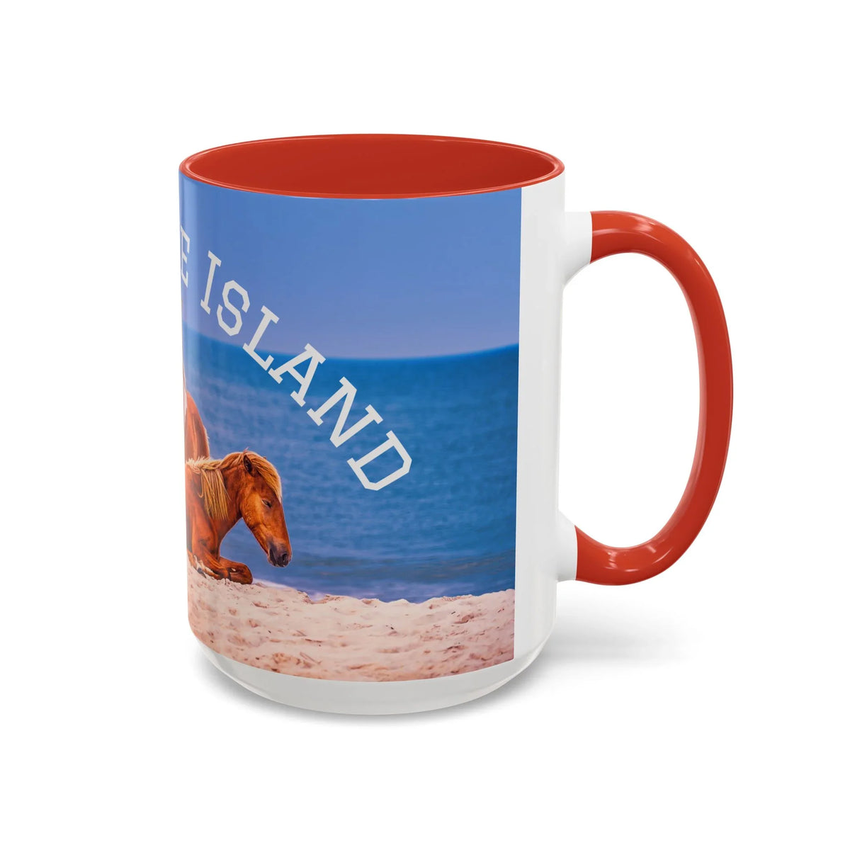 Ceramic coffee mug with wild horse beach photography and orange accent by Jeff H Travels