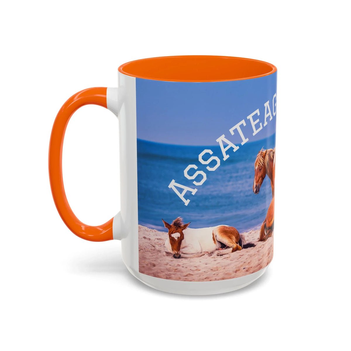 Ceramic coffee mug with Assateague wild horse beach photography and orange accent.