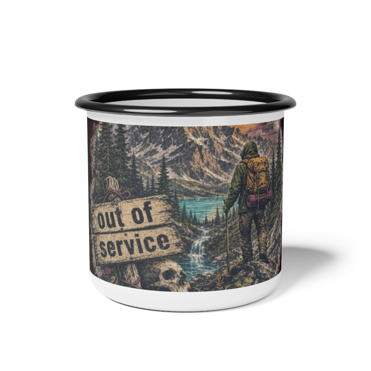 Out of Service Enamel Camp Cup — Vintage Hiker Mountain Mug