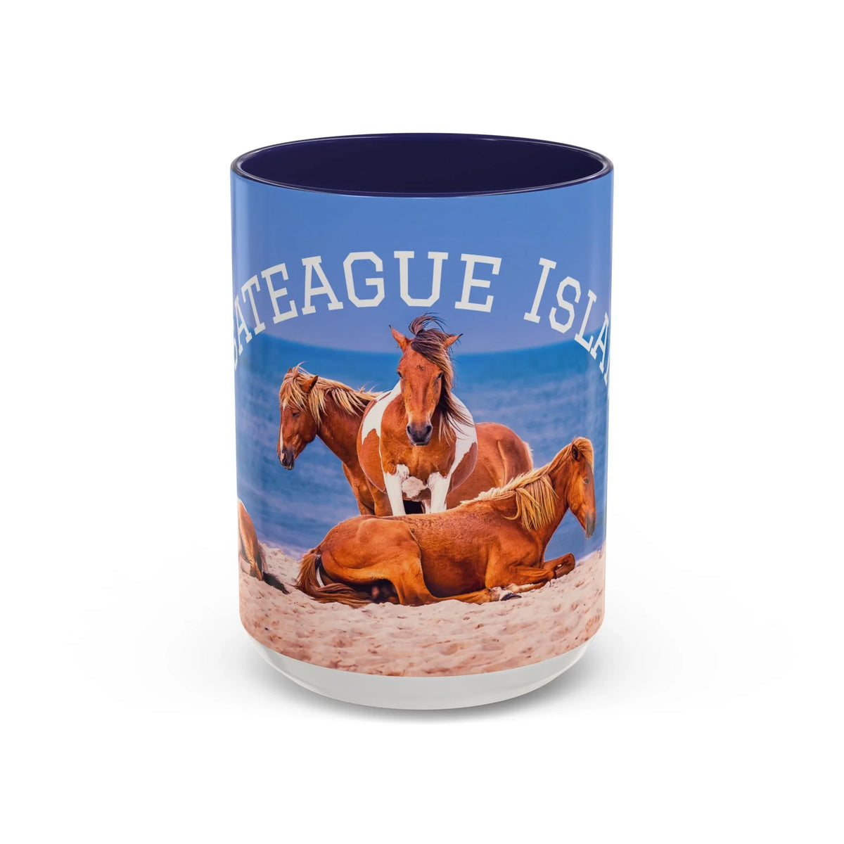 Jeff H Travels ceramic coffee mug featuring wild horses on a sandy beach with ocean background