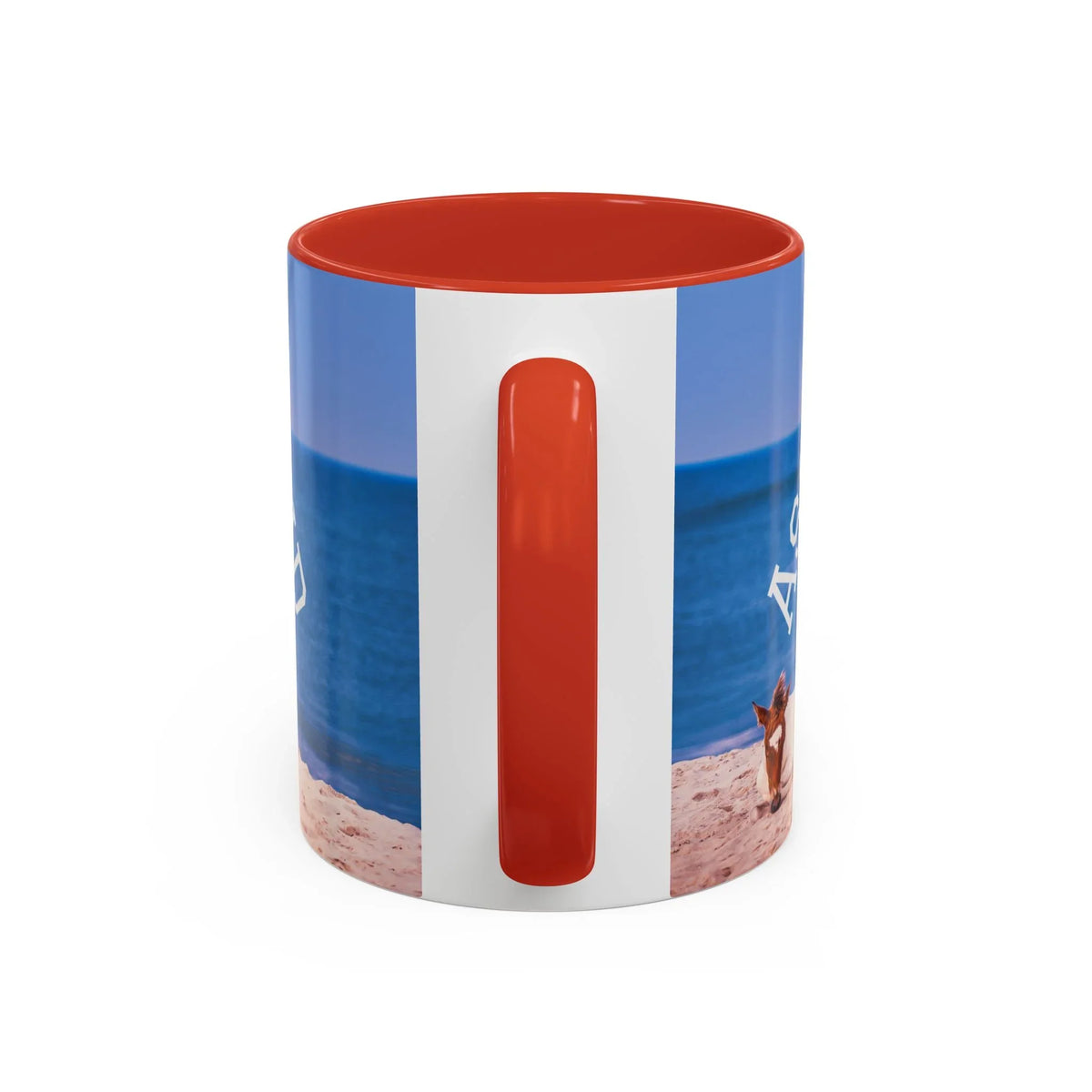 Beach-themed ceramic coffee mug by Jeff H Travels featuring a coastal landscape and wild horse