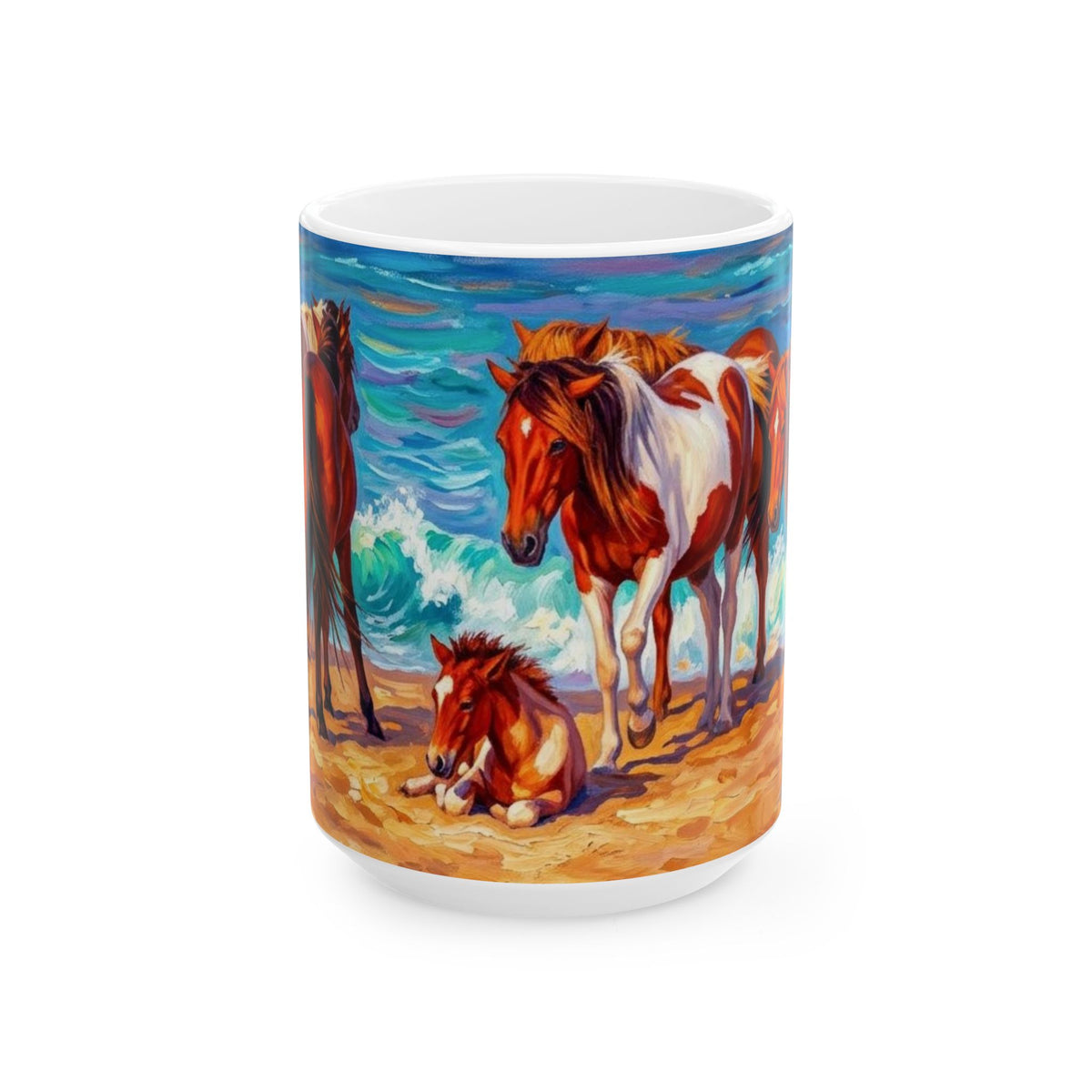 Beach Horses Ceramic Mug — Colorful Wild Pony Ocean Art (11oz, 15oz)
