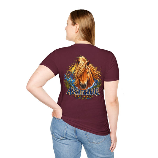 Woman wearing a maroon Assateague Island wild pony graphic t-shirt by Jeff H Travels