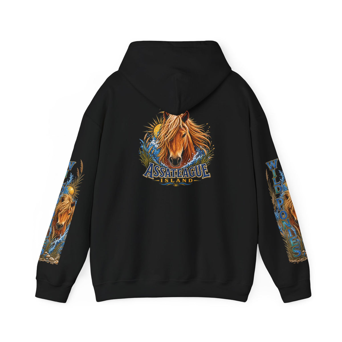 Back view of a black Jeff H Travels hoodie featuring an Assateague Island wild pony graphic.