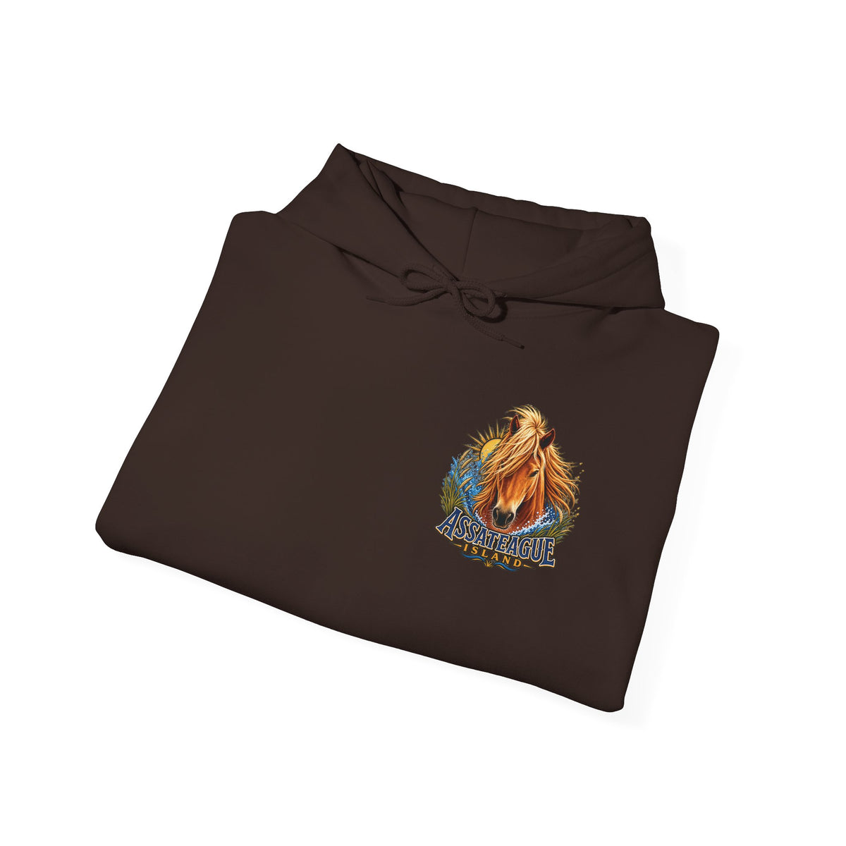 Brown Jeff H Travels hoodie featuring an Assateague Island wild pony graphic.