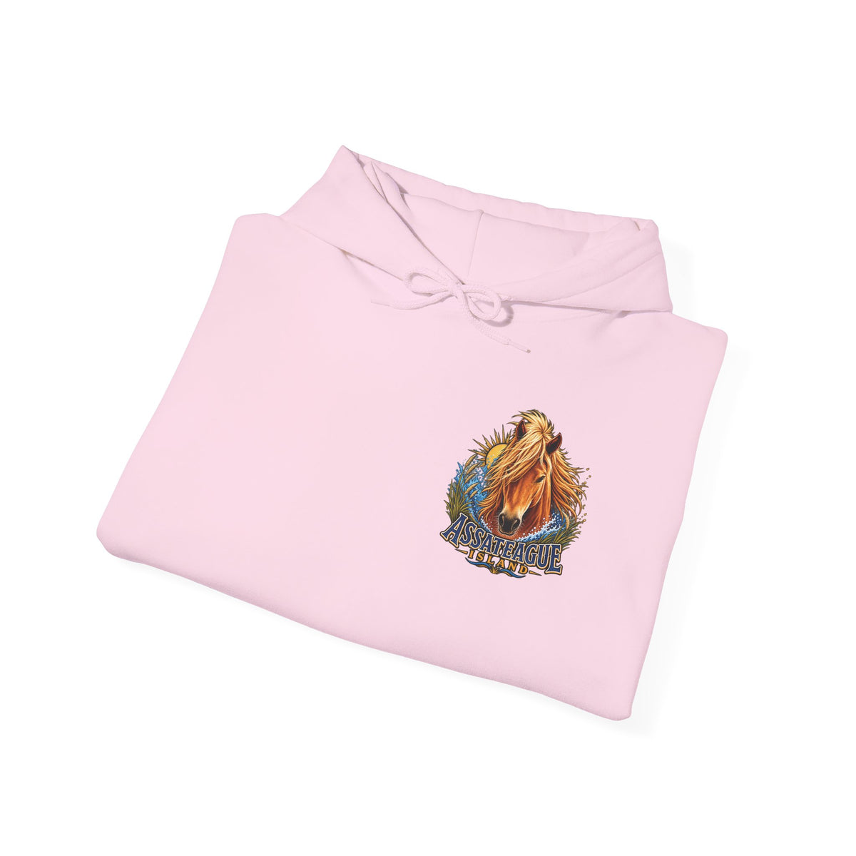 Pink Jeff H Travels hoodie featuring a graphic of an Assateague Island wild pony.