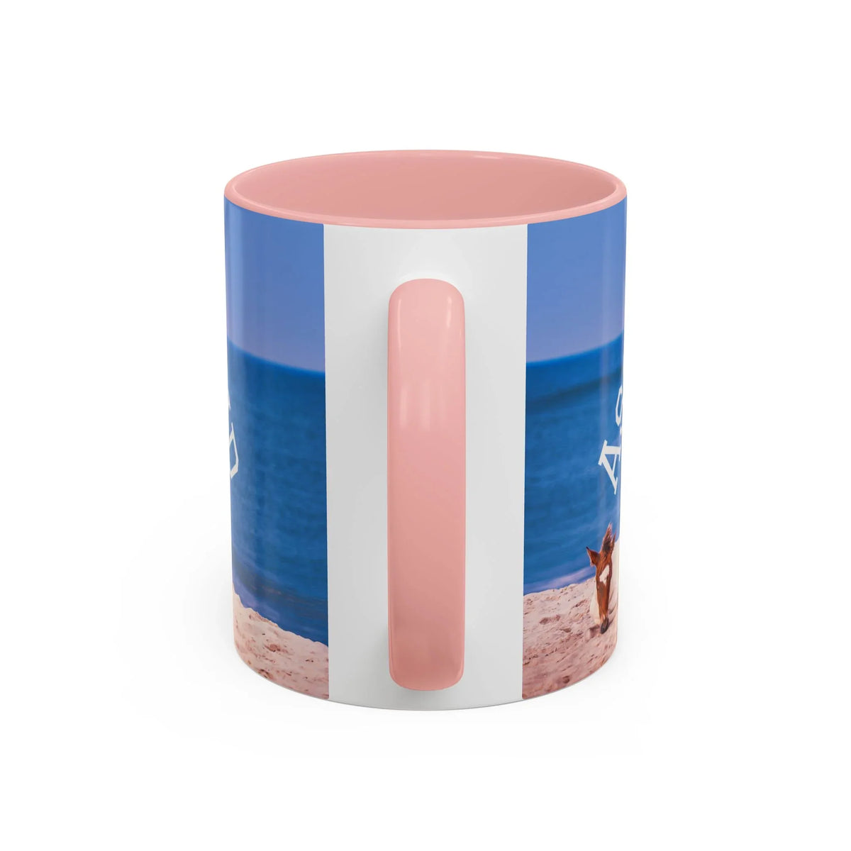 Jeff H Travels ceramic coffee mug with pink interior and wild horse beach photography wrap.