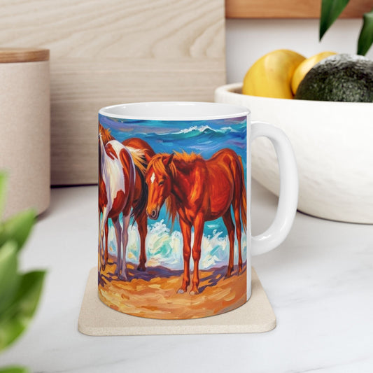 Beach Horses Ceramic Mug — Colorful Wild Pony Ocean Art (11oz, 15oz)