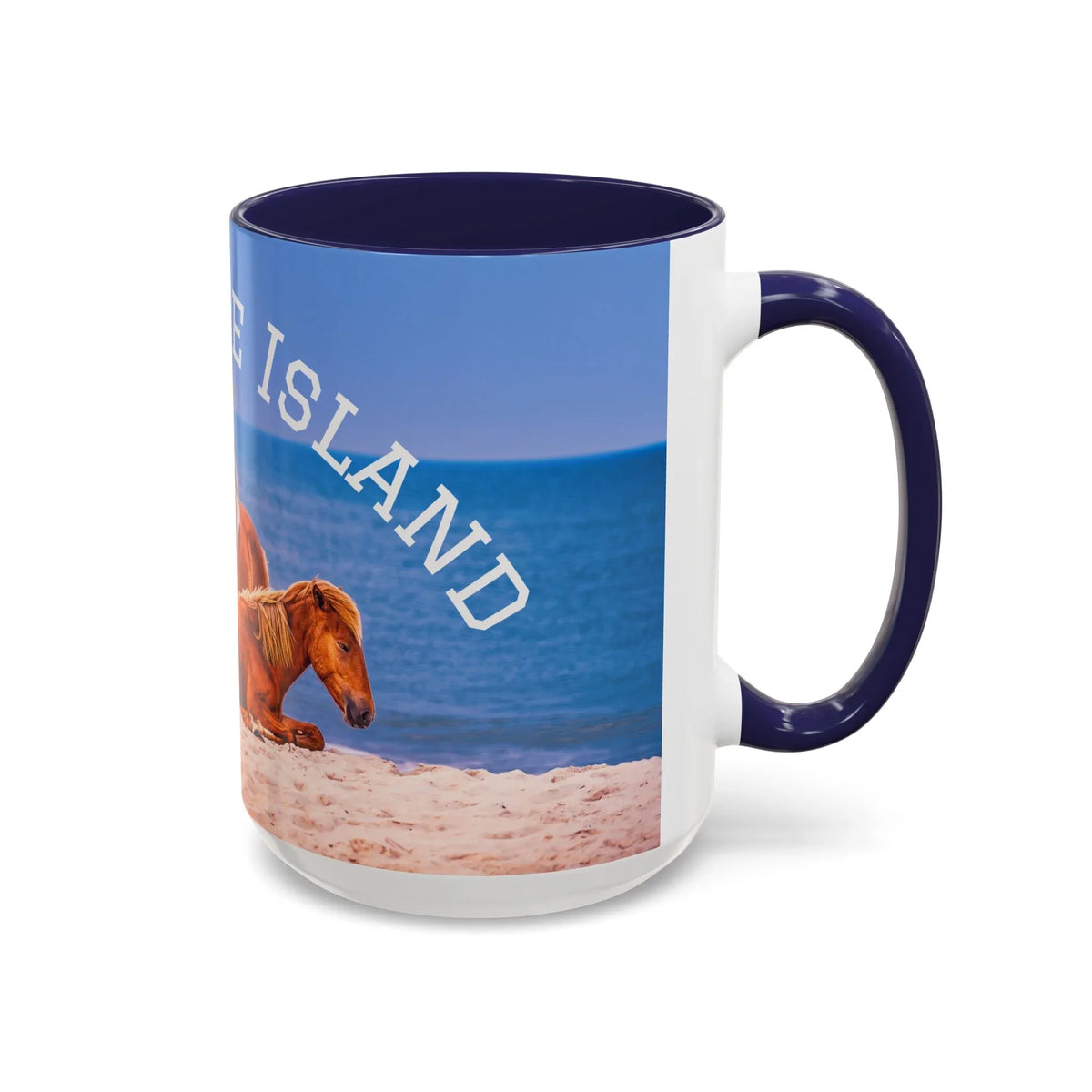 Ceramic coffee mug featuring a wild horse on a sunny beach with blue ocean waves.