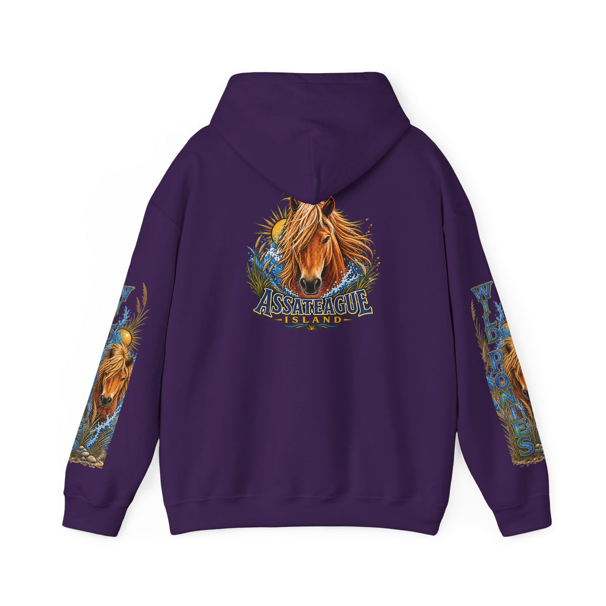 Purple Jeff H Travels hoodie featuring a wild pony graphic and Assateague Island text.