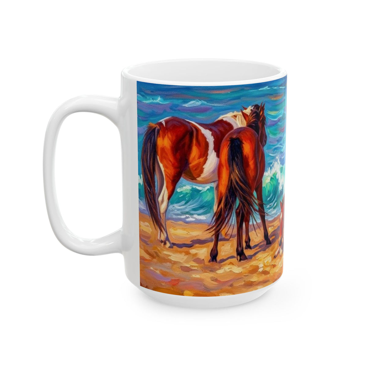 Beach Horses Ceramic Mug — Colorful Wild Pony Ocean Art (11oz, 15oz)