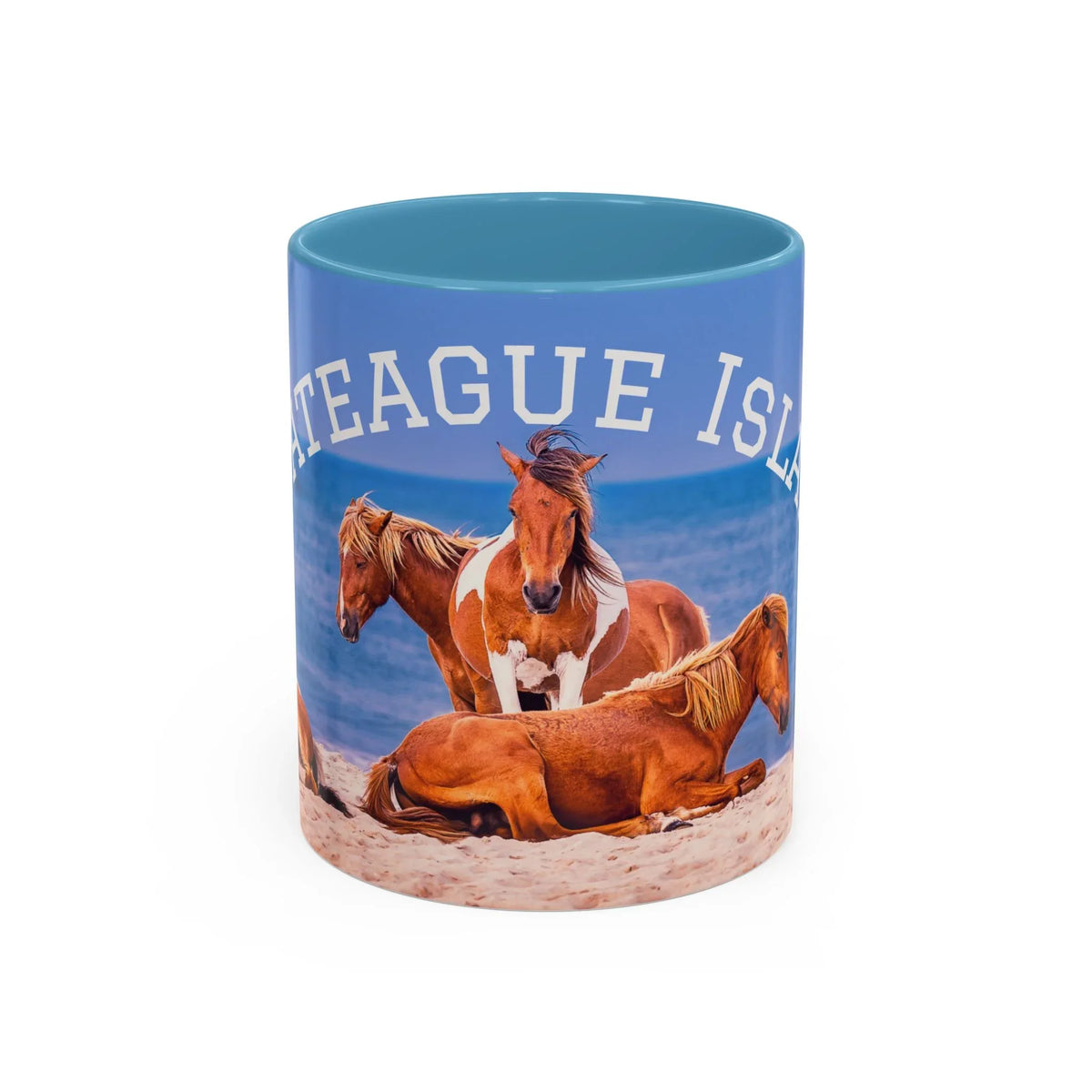 Ceramic coffee mug with wild horse beach decor and coastal island theme by Jeff H Travels