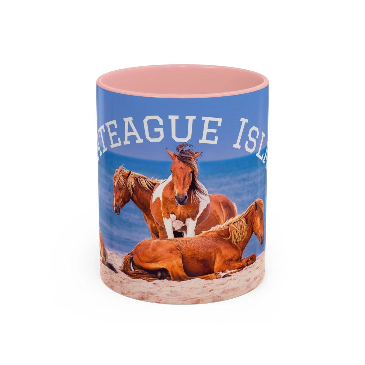 Jeff H Travels ceramic mug featuring wild horses on a beach with blue ocean background.