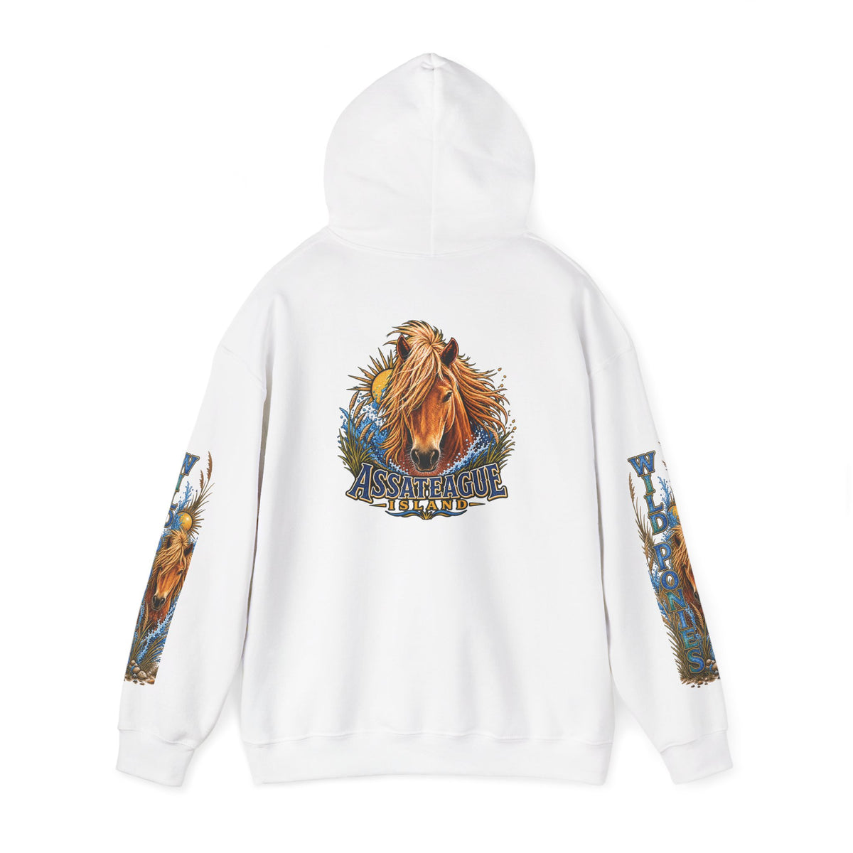 Back view of a white Jeff H Travels hoodie featuring Assateague Island wild pony graphics.