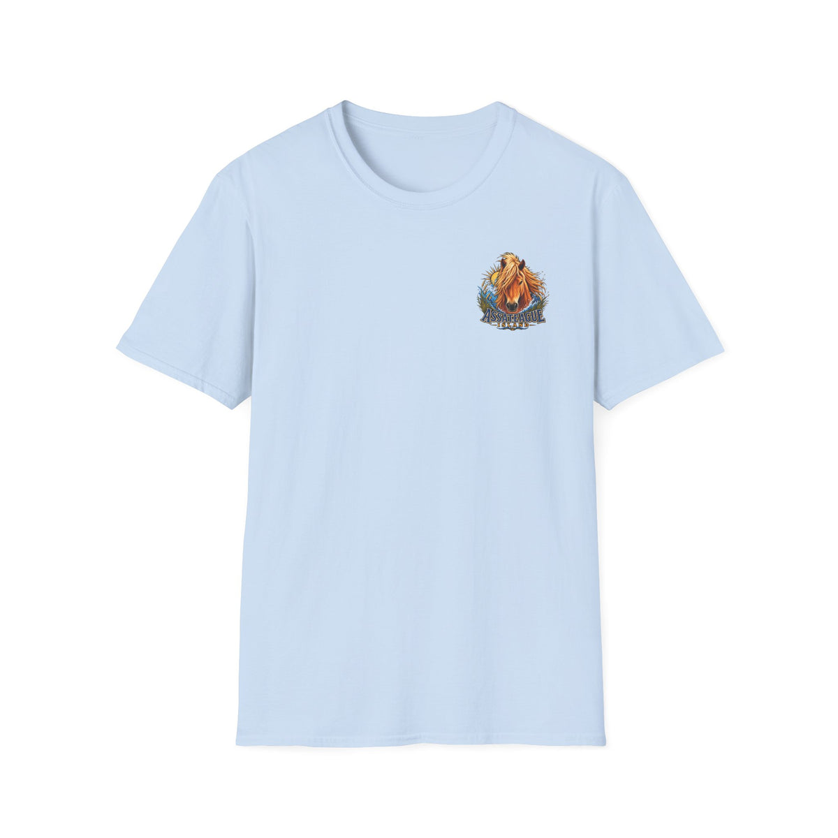 Light blue Jeff H Travels T-shirt featuring an Assateague Island wild horse graphic.