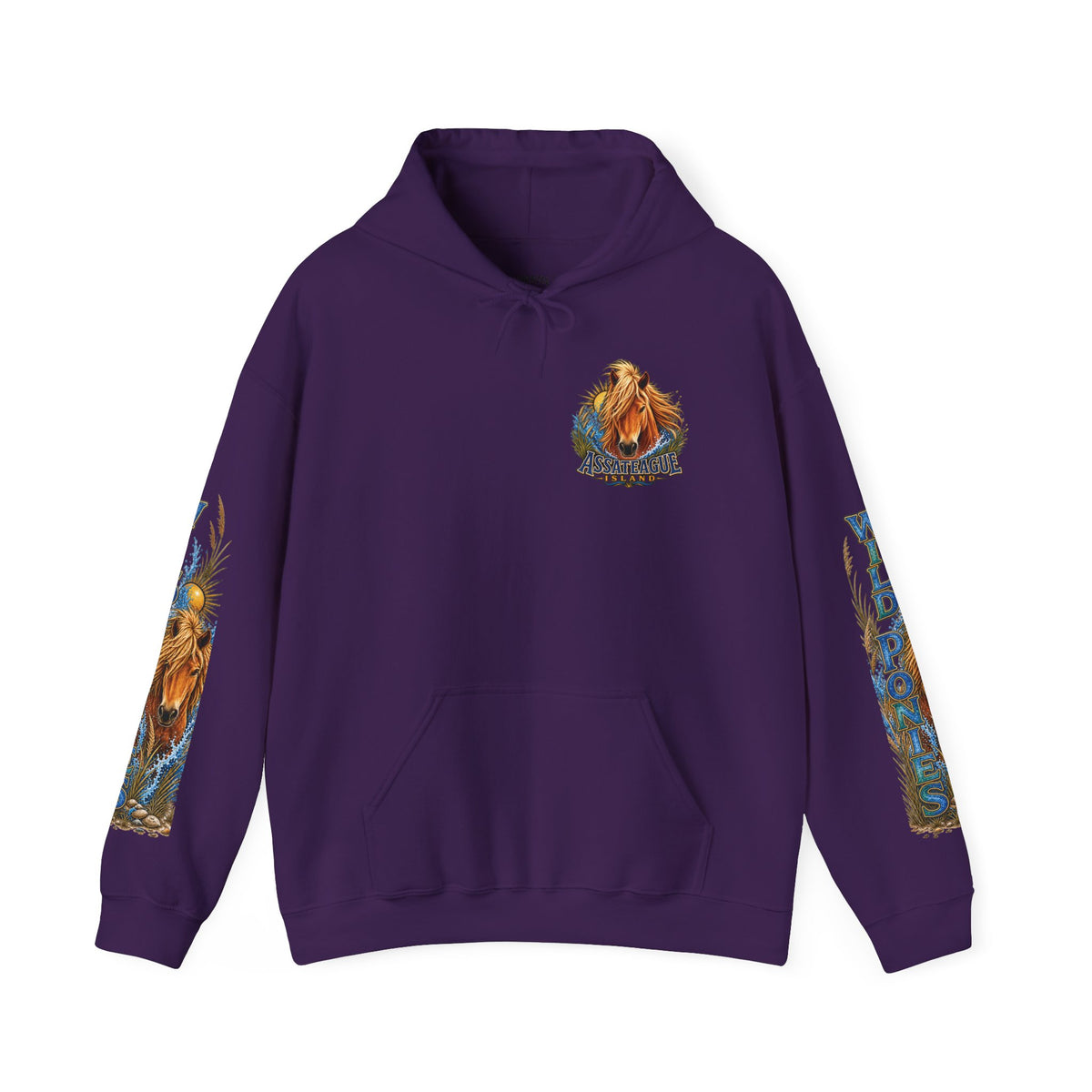 Purple Assateague Island wild pony graphic hooded sweatshirt by Jeff H Travels