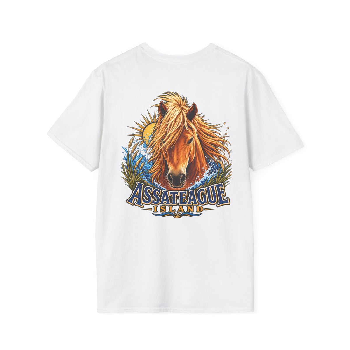 White T-shirt featuring an illustration of an Assateague Island wild pony with ocean waves.