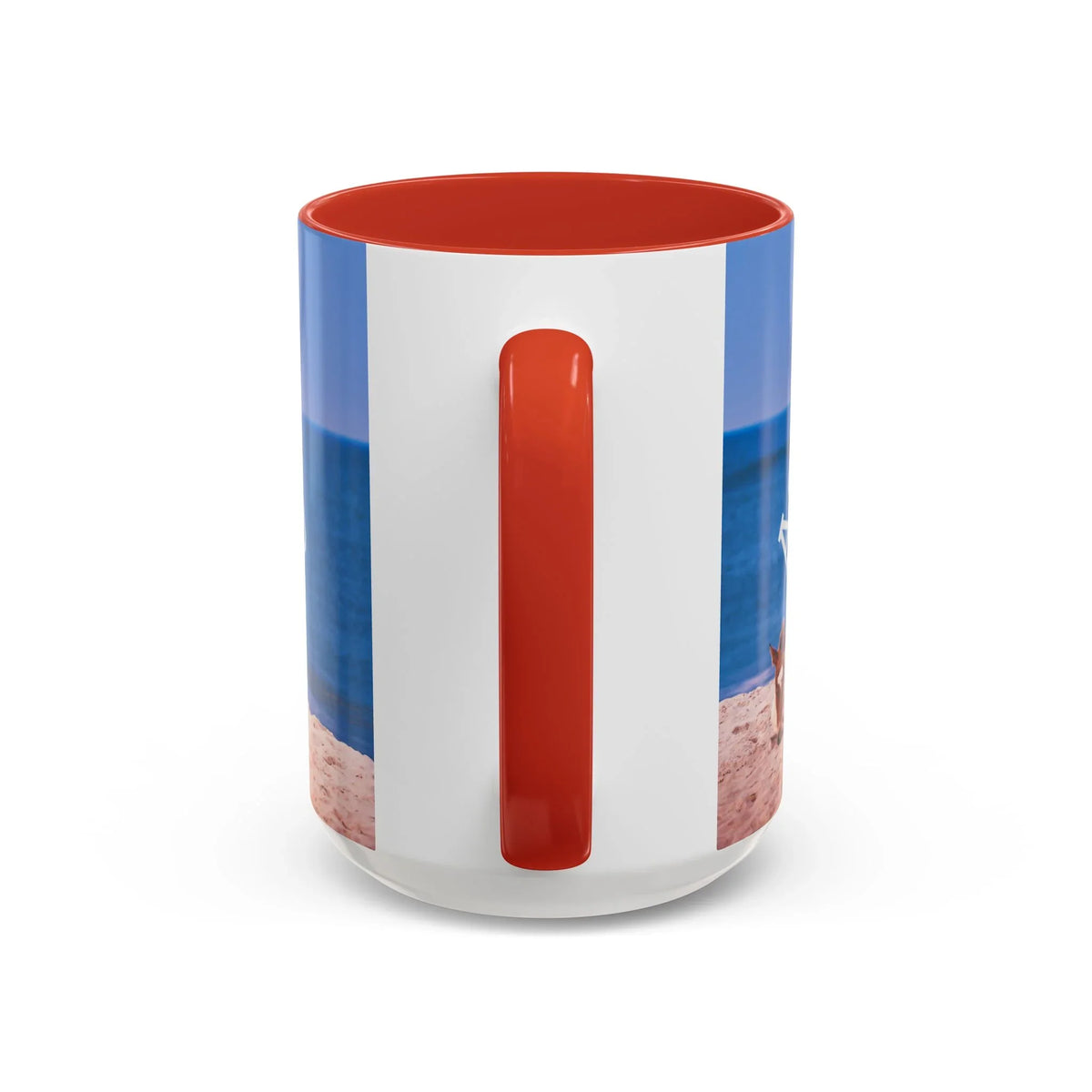 Ceramic coffee mug with wild horse beach scene and red handle by Jeff H Travels