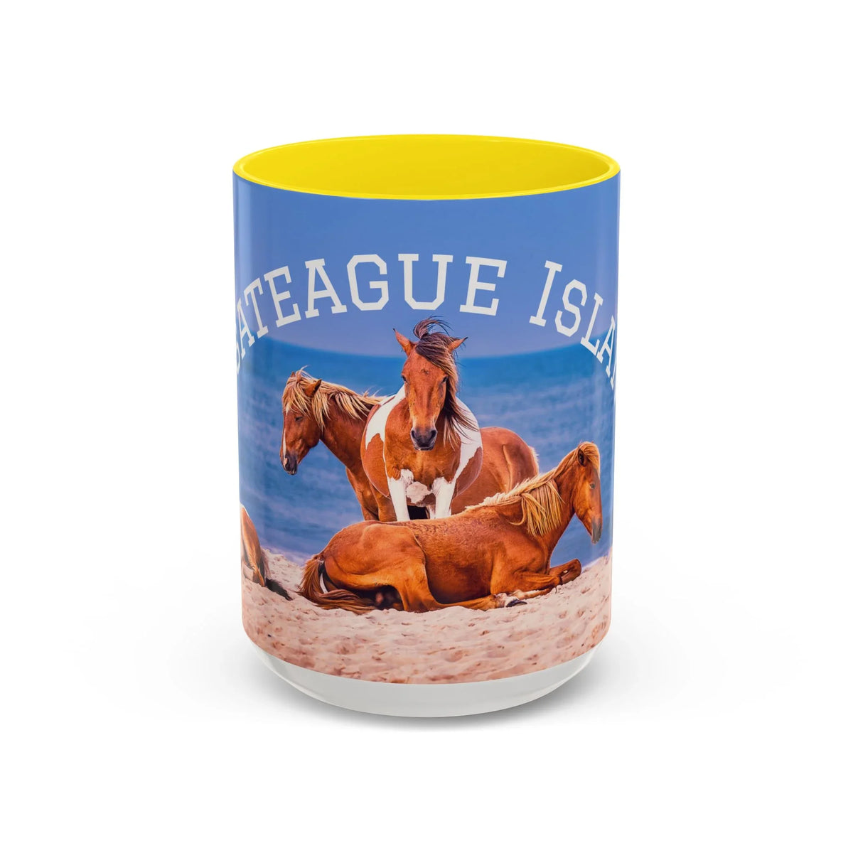 Jeff H Travels ceramic mug featuring wild horses on a sandy beach with coastal scenery.