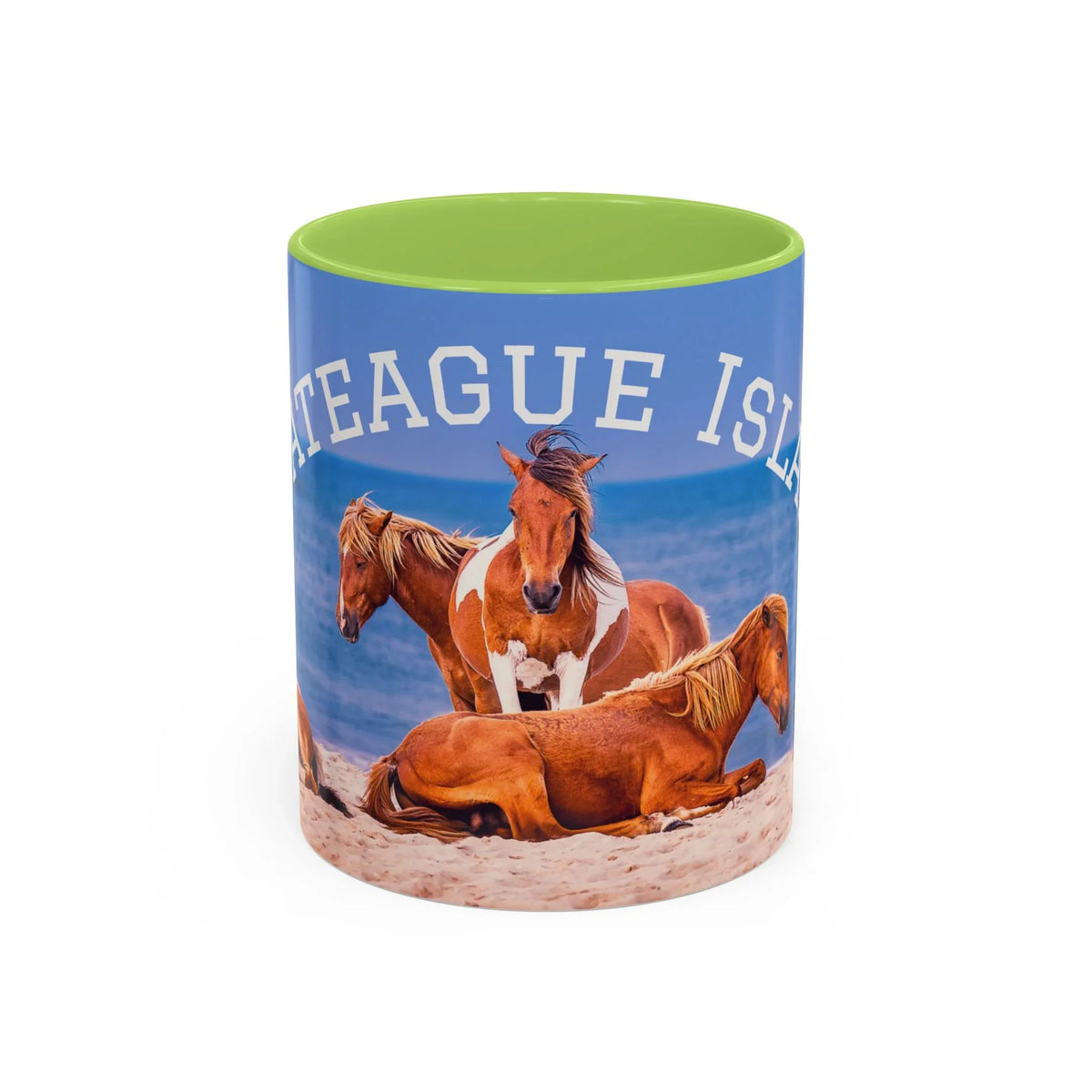 Ceramic coffee mug featuring wild horses on a beach with Cape League Island text.