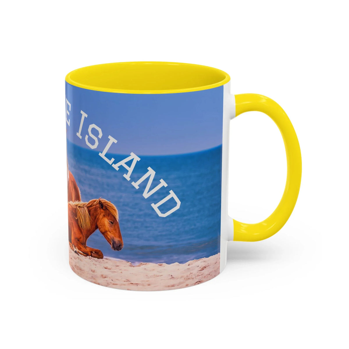 Ceramic coffee mug with wild horse beach photography and yellow accent handle by Jeff H Travels