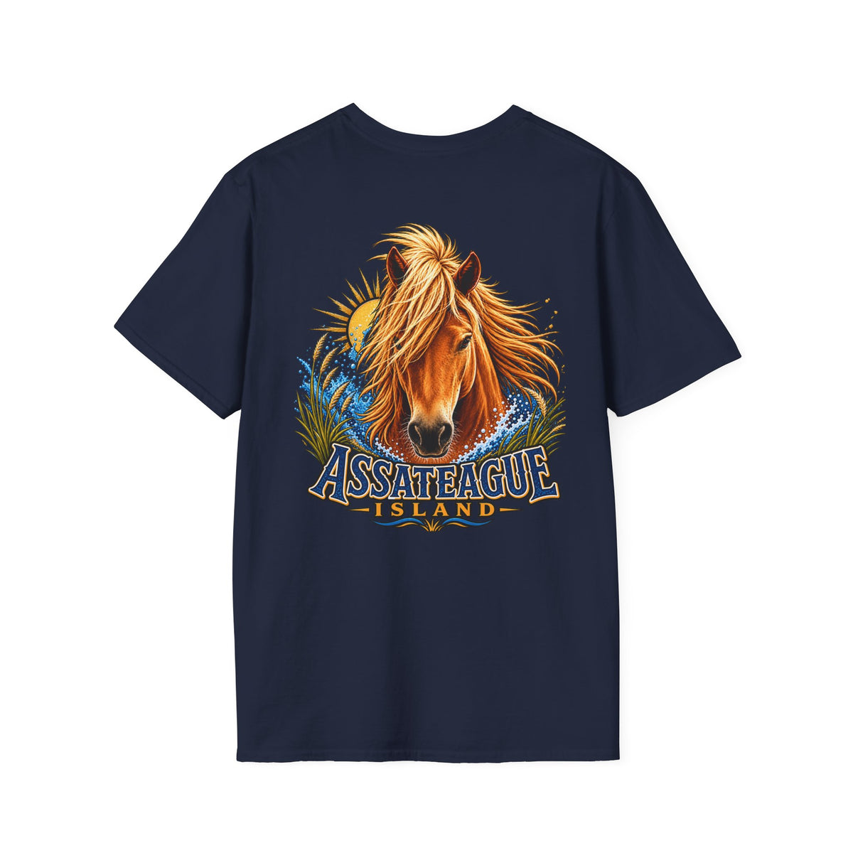 Navy blue t-shirt featuring a graphic of a wild Assateague Island pony with ocean waves.