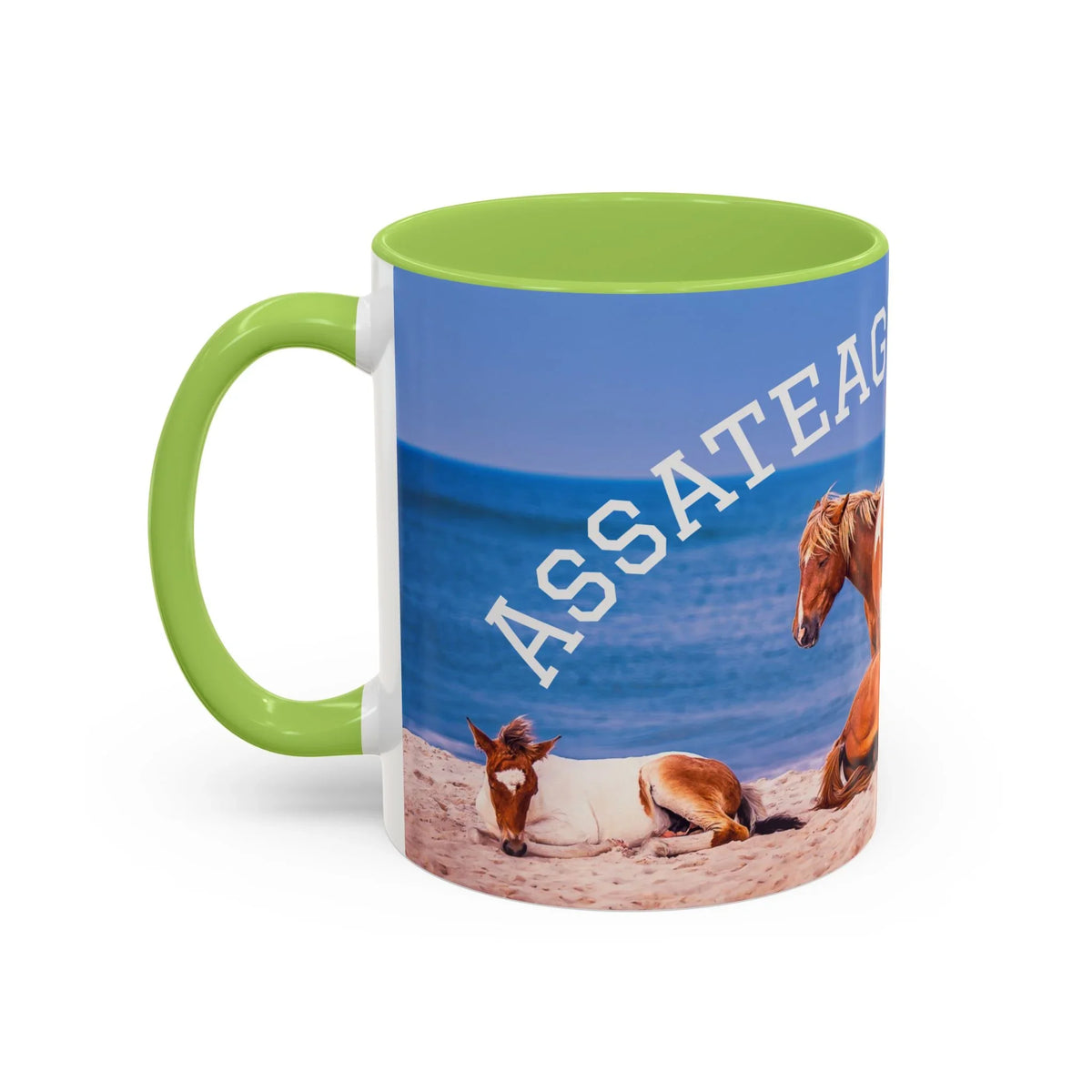 Ceramic coffee mug with Assateague wild horse beach photography and lime green handle.