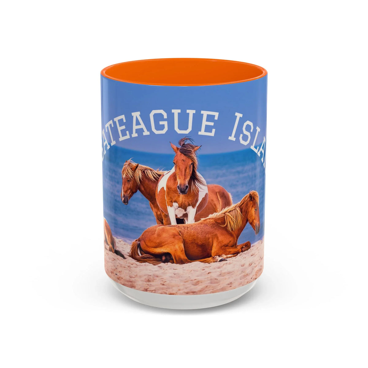 Jeff H Travels ceramic mug featuring wild horses on a beach with orange interior
