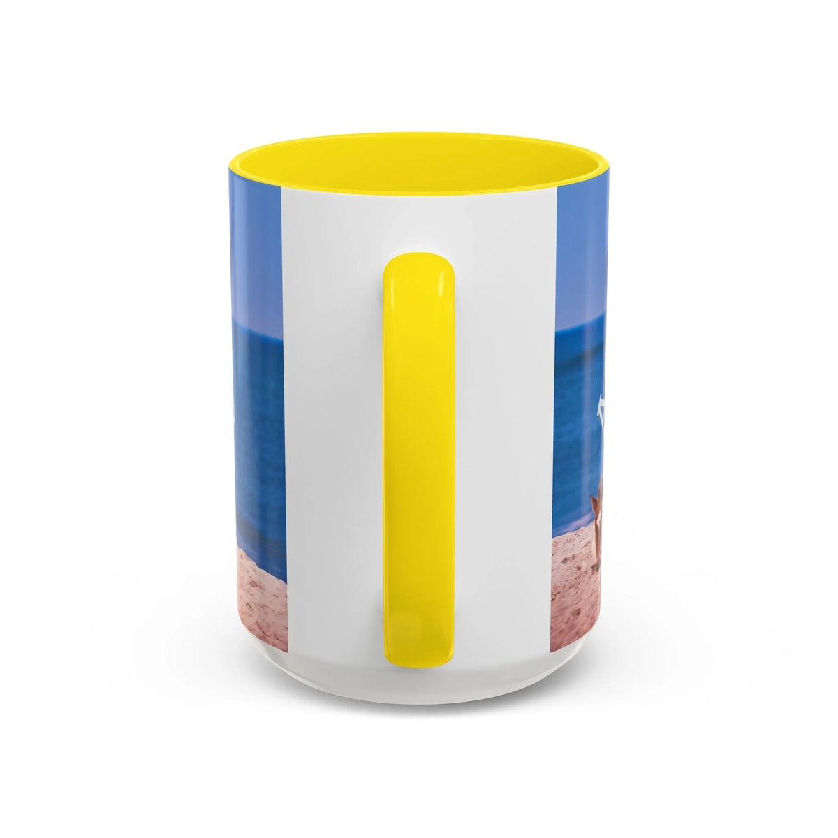 Ceramic coffee mug with wild horse beach photography and yellow accent handle.