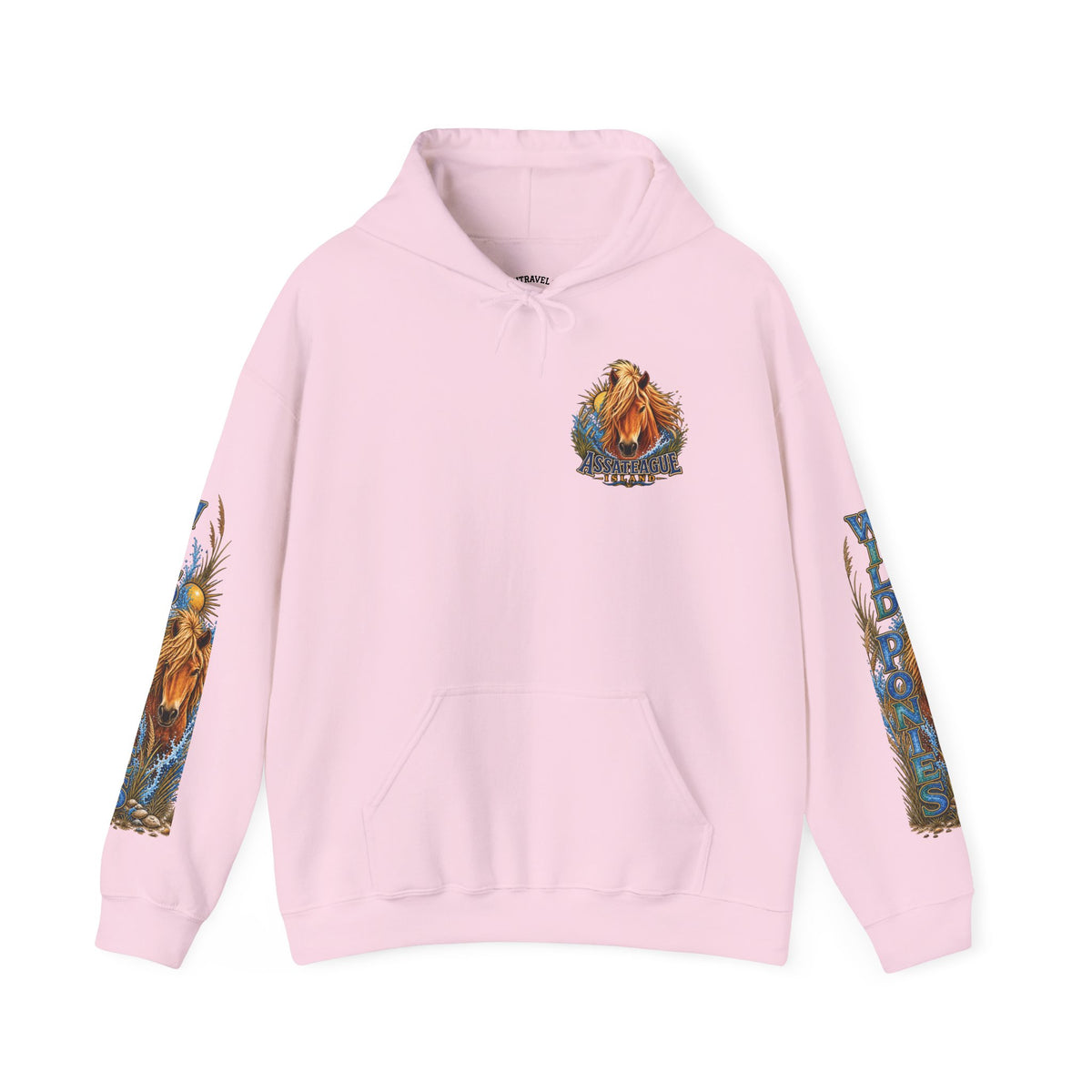 Pink Jeff H Travels hoodie featuring Assateague Island wild pony graphics on chest and sleeves.