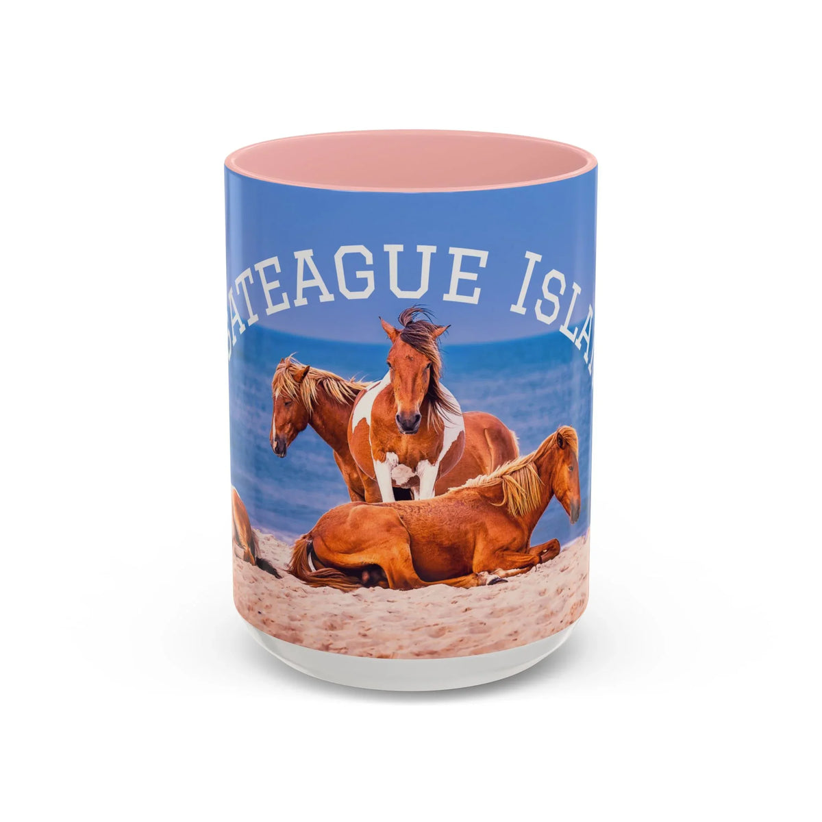 Jeff H Travels ceramic coffee mug featuring wild horses on a beach at Assateague Island
