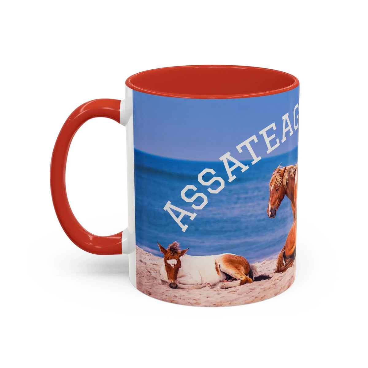 Jeff H Travels ceramic coffee mug featuring Assateague wild horses on a sandy beach