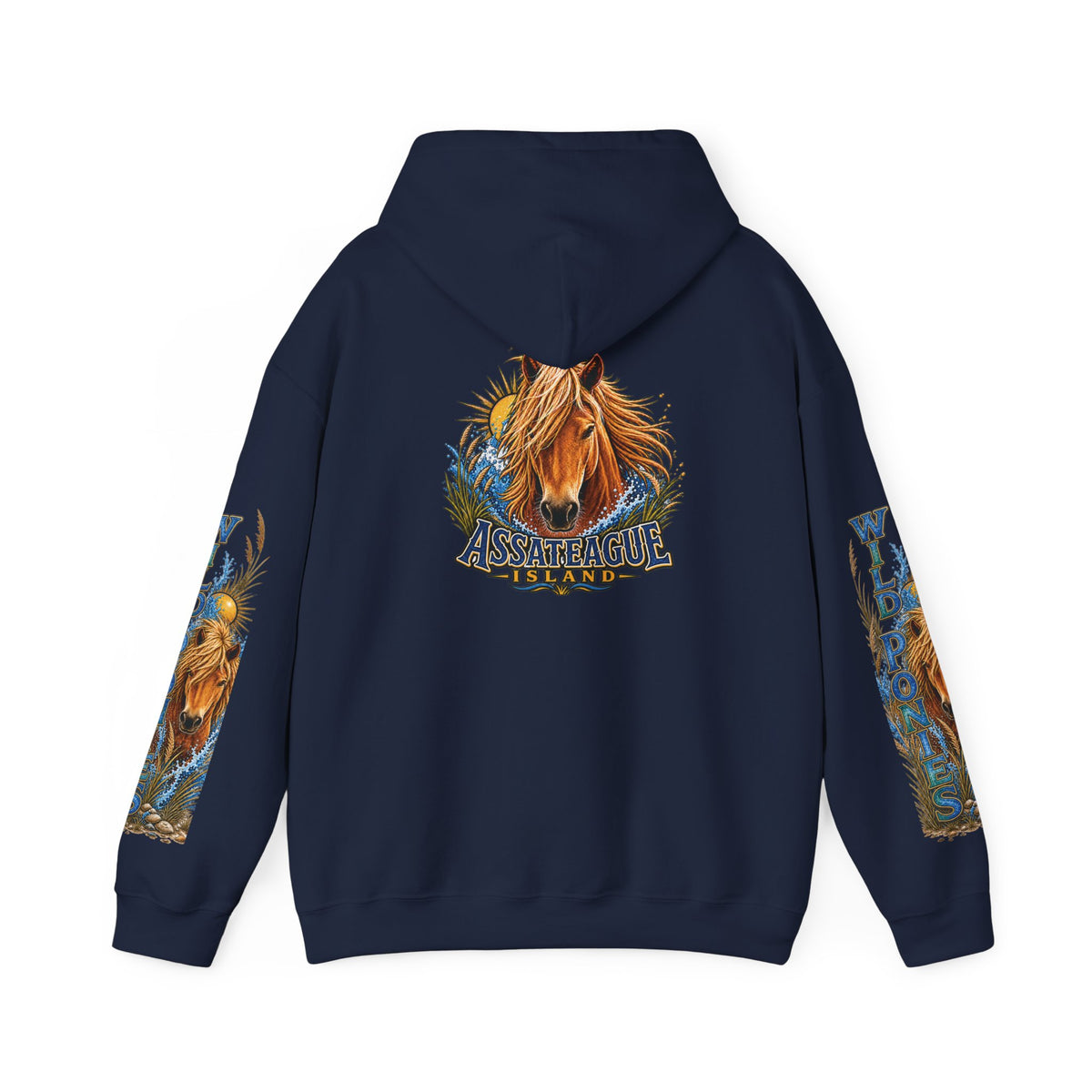 Navy blue Jeff H Travels hoodie featuring a graphic of an Assateague Island wild pony.