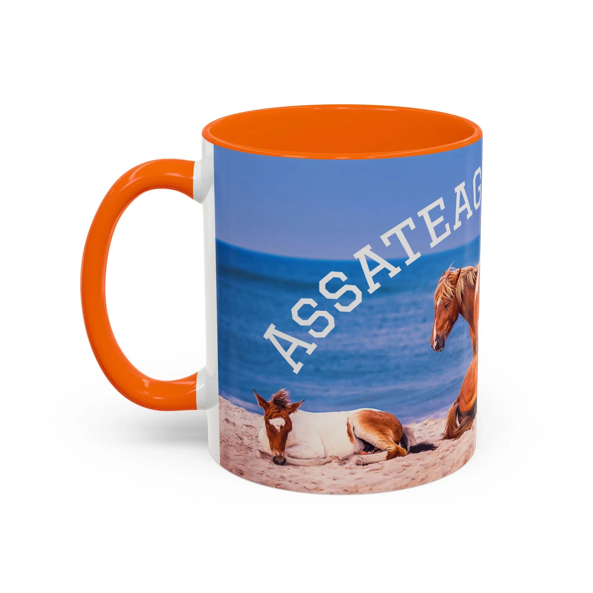 Jeff H Travels ceramic mug with Assateague beach scene and wild horses