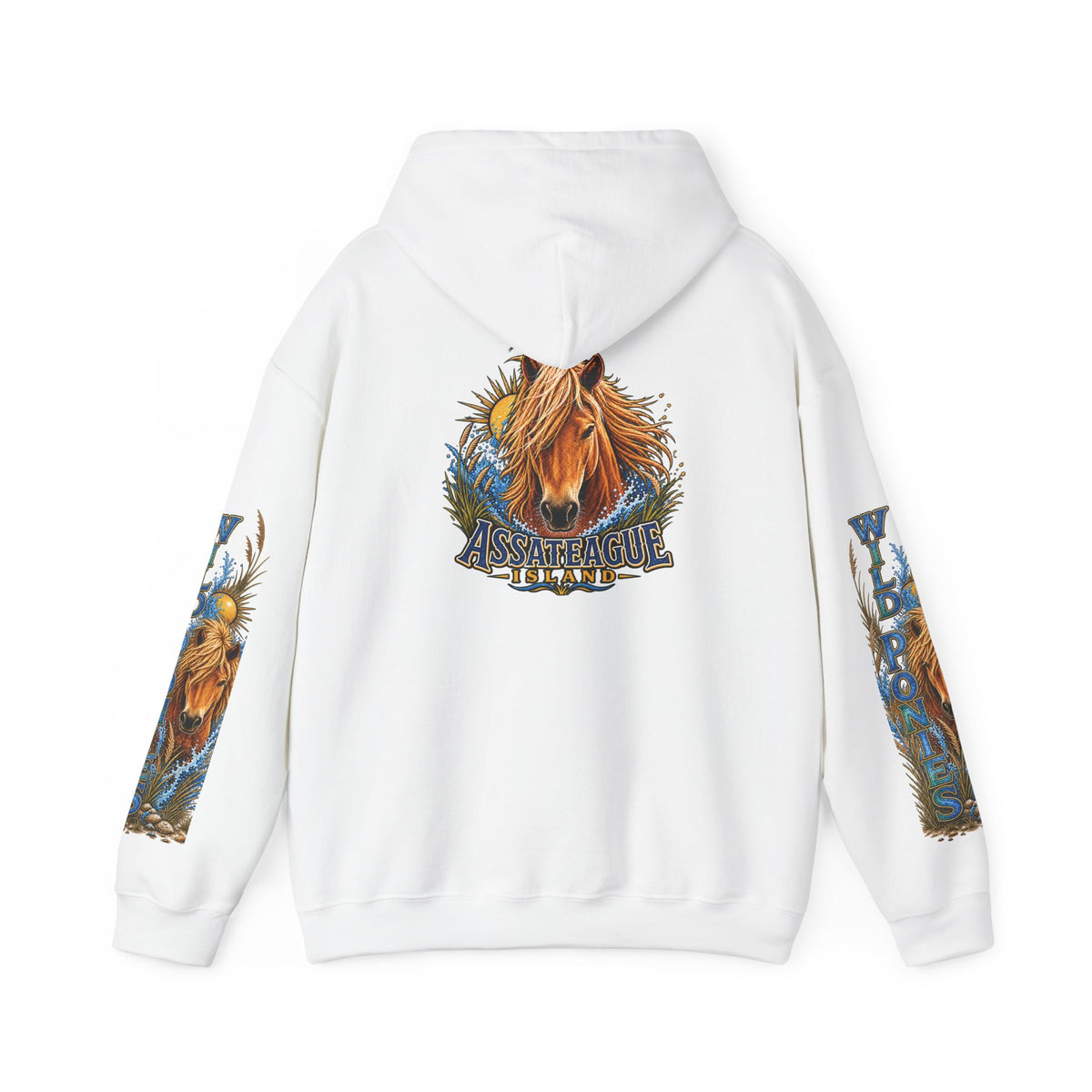 Back view of a white Jeff H Travels hoodie featuring an Assateague Island wild pony graphic.
