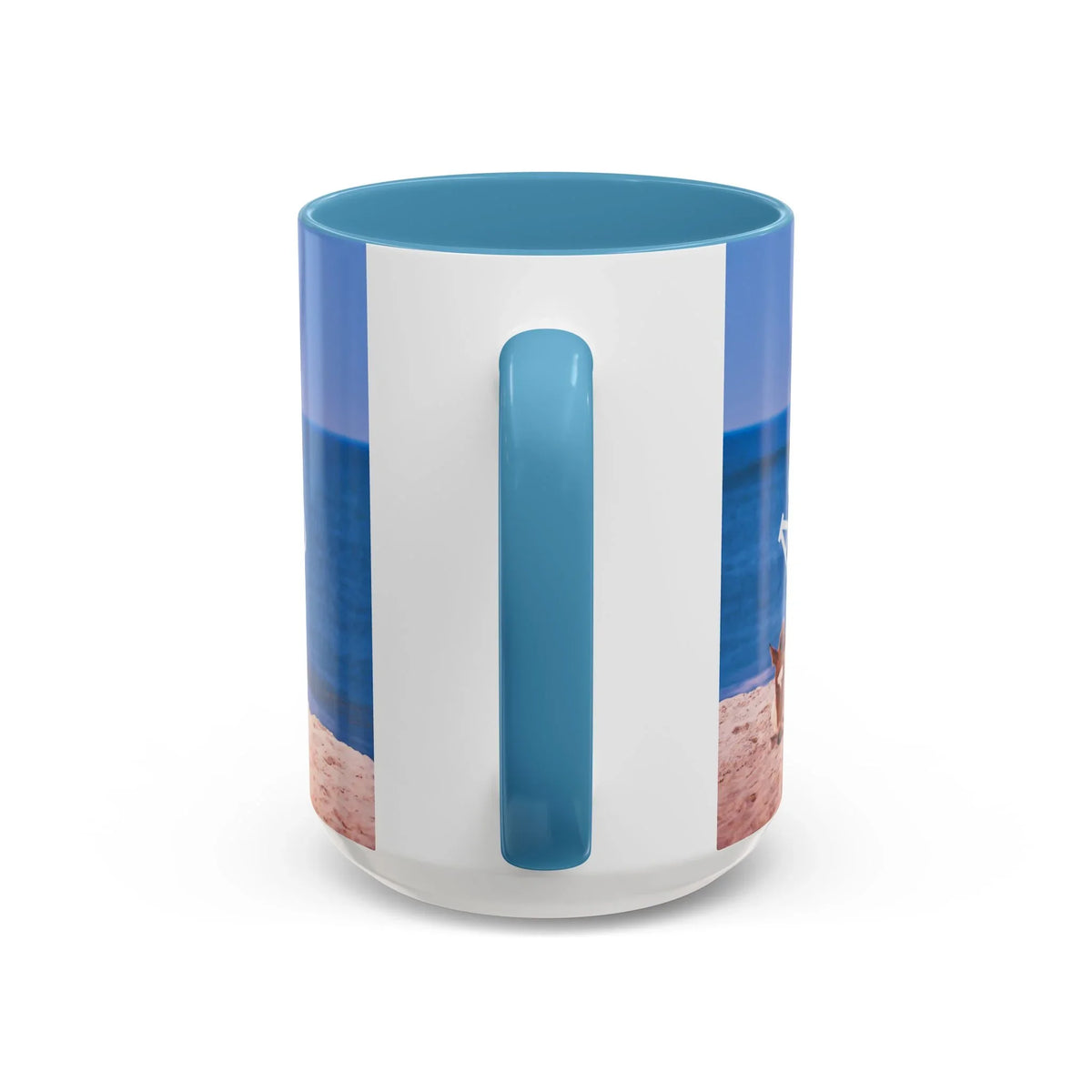 Ceramic coffee mug with wild horse beach photography and blue accent handle by Jeff H Travels